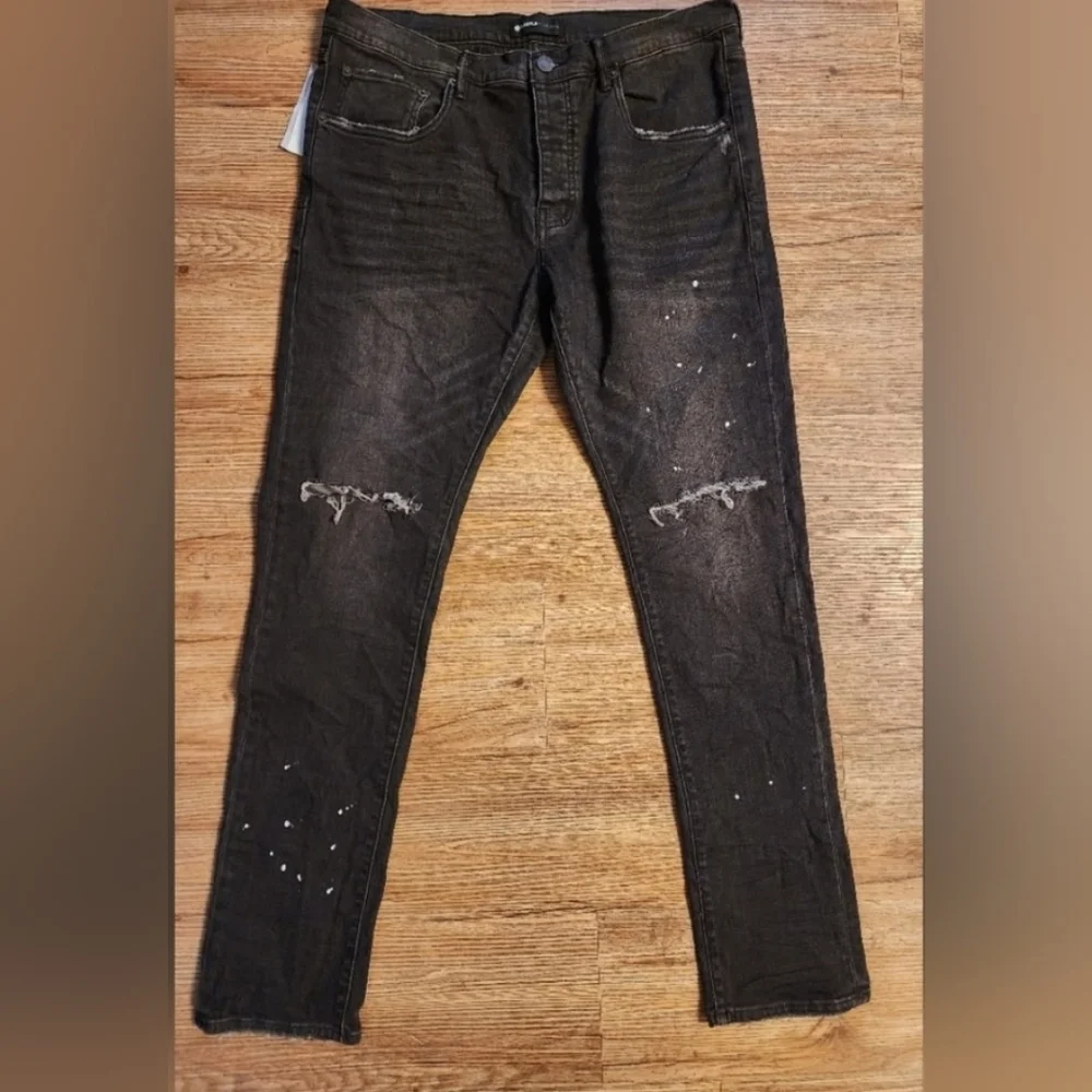 SIZE 36×34 PURPLE BRAND RESIN KNEE SLIT SKINI OVER SPRAY SLIM FIT BLACK JEANS - Picture 6 of 10